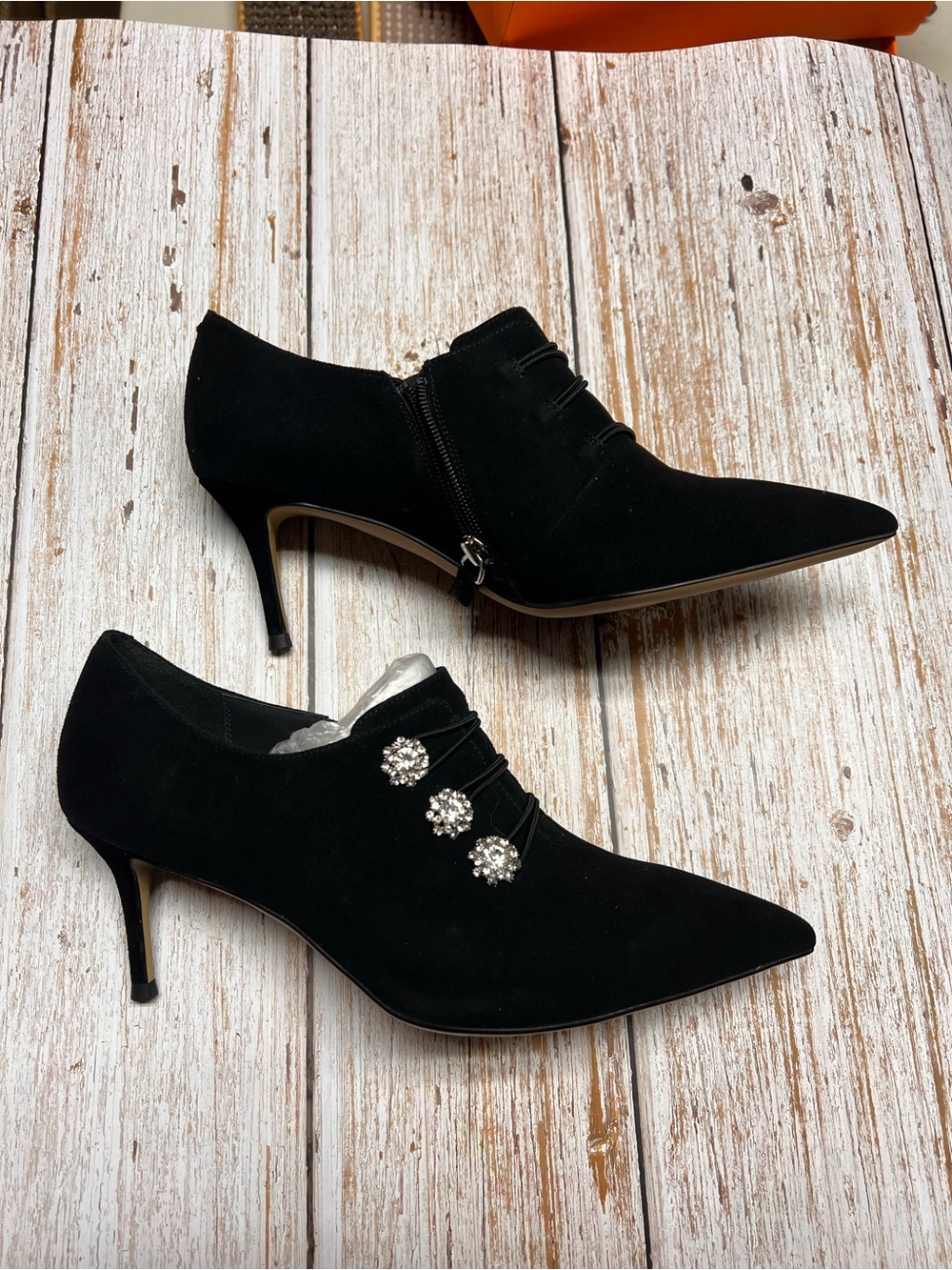 Black Suede Pointed-Toe Heels with Crystal Buttons